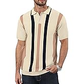 Ryehack Mens Casual Polo Shirts Knit Short Sleeve Vintage Striped Button T-Shirt Slim Fit Golf Vacation Shirt