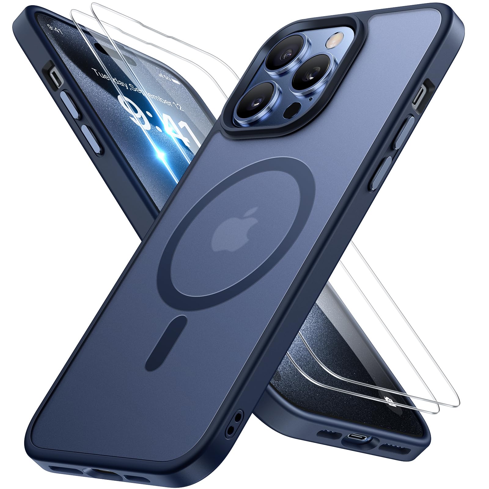 Photo 1 of Miracase Magnetic for iPhone 13 Pro Case 6.1 inch (Compatible with MagSafe)?with 2X Screen Protectors? Military-Grade Protection, Anti-Fingerprint Translucent Matte Phone Case Cover, Dark Blue