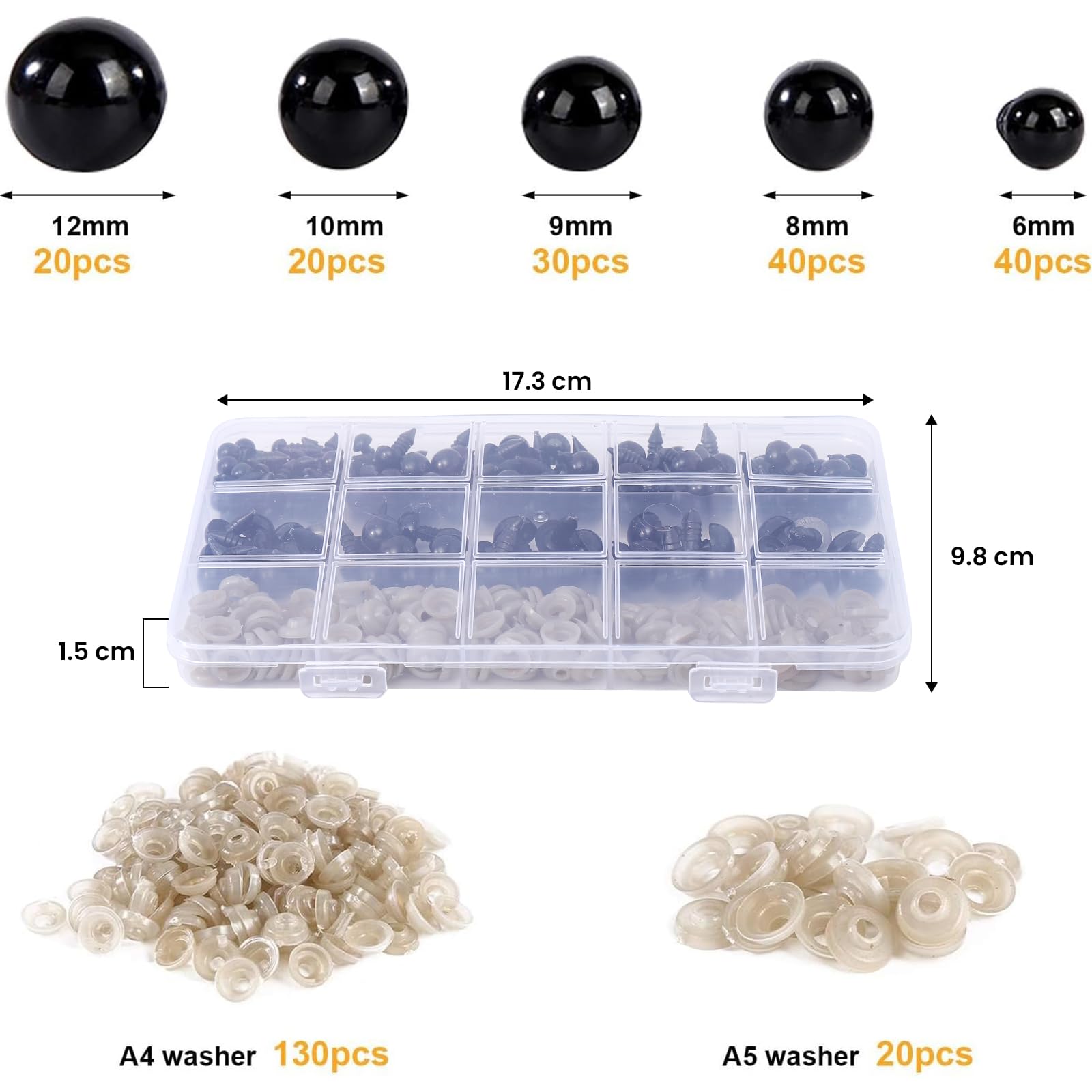 Vanblue Safety Eyes 150Pcs 6-12 mm Plastic Safety Eyes with Washers Craft Eyes for Amigurumi Stuffed Animal Crochet Projects Teddy Bear Puppet Toys DIY Crafts Making Halloween Decorations