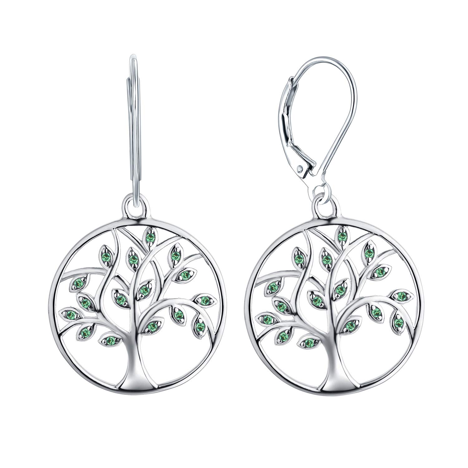 YL Tree of Life Earrings 925 Sterling Silver Simulated Emerald Family Tree Dangle Earrings