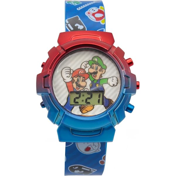 Montre Super Mario GSM4259 - Design Numérique LED, Bracelet Imprimé, Boîtier Plastique Argenté, Style Décontracté