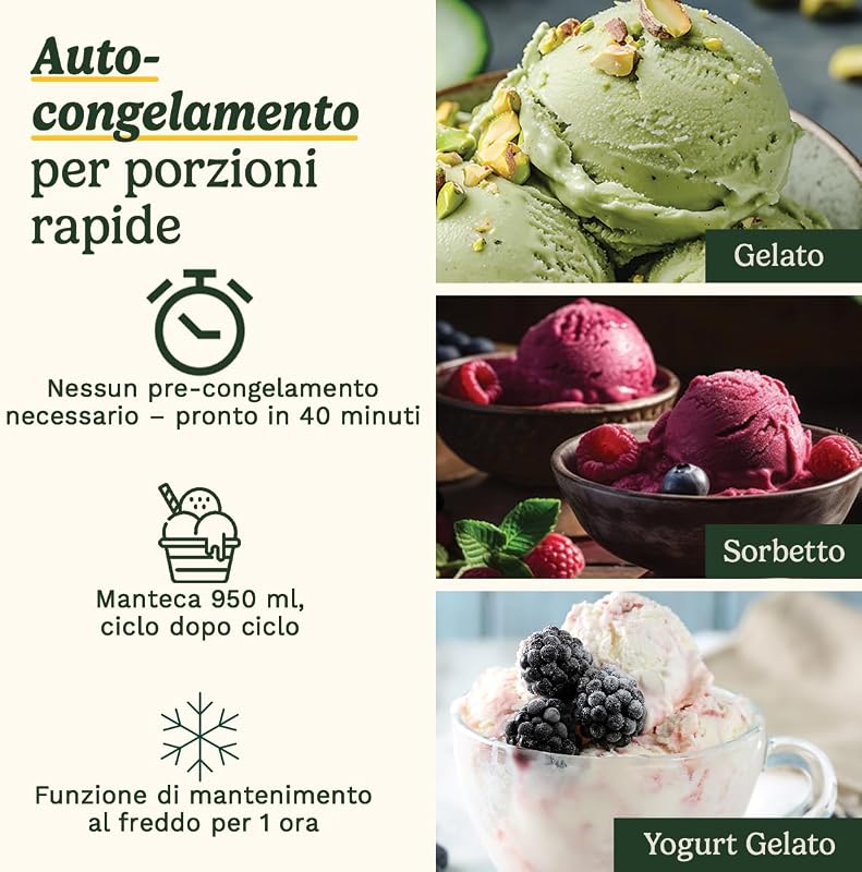 FreezeEase – Gelatiera autonoma con 3 programmi (Gelato, Sorbetto, Yogurt) | Nessun pre-congelamento | Pronta in 40 min | Funzione di mantenimento al freddo | Compressore 950ml (Nuovo)