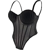 ELLACCI Women's Sheer Mesh Corset Top with Pleated Cups for Party Daily Wear Bustier Black