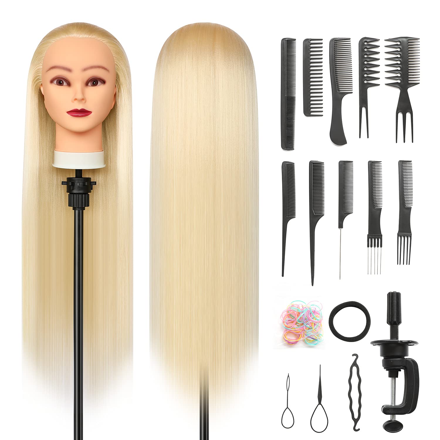 Styling Head 28 inch Hairdresser Training Head 100% Synthetic Fiber Hair Styling Head, Training Head Hairdressing Head with Free Clamp and DIY Braiding Set (Blonde)