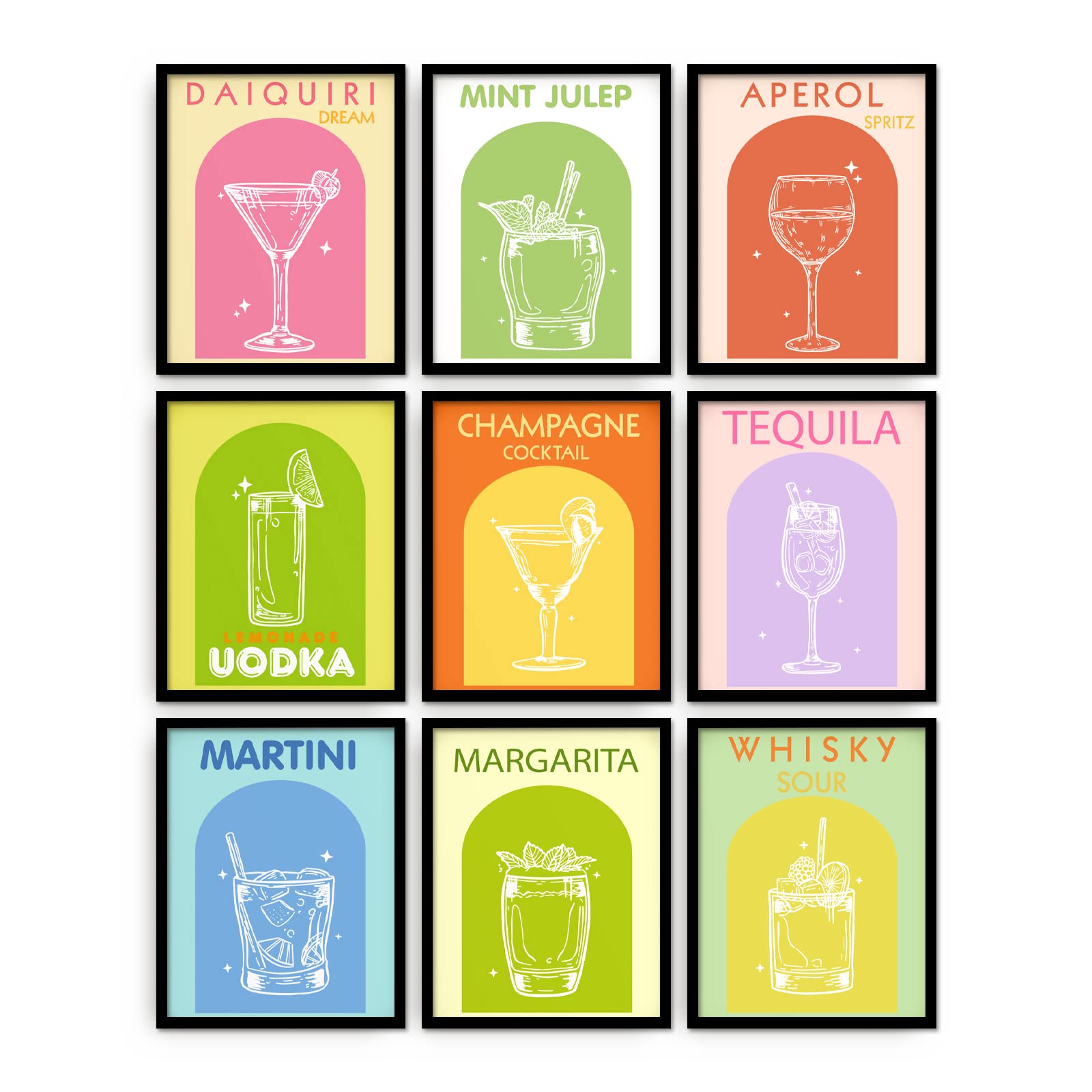 ORIGACH Colorful Wine Glass Line Wall Art Prints Set of 9 Watercolour Alcohol Cocktail Prints Wall Art Canvas Artwork Prints for Bedroom Living Room Bathroom Decor(8" X 10", Unframed)