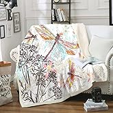 Feelyou Dragonfly Fleece Sherpa Throw Blanket Soft Cozy Fluffy Botanical Fuzzy Blanket Caring Gift for Women 50"x60"