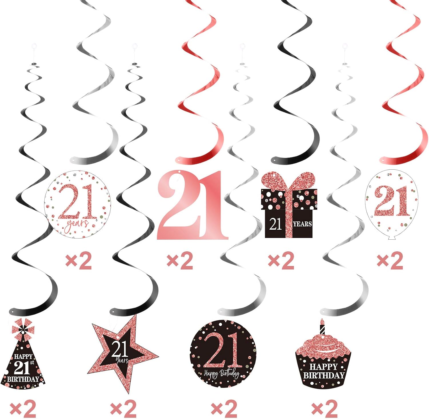 Rose Gold 21st Birthday Hanging Swirls Ceiling Decorations - Shiny Foil Swirls for Women's 21st Birthday - 30 Count - Image 5