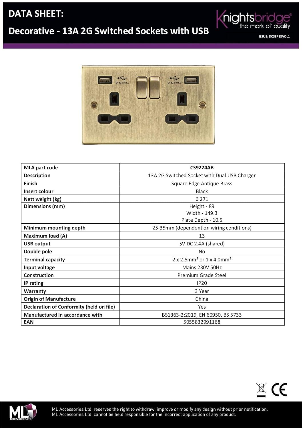 Twin Socket with USB (2.4A) - Antique Brass - Image 4