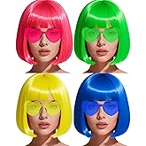 FSLLZCJY Colored Bob Wigs with Heart Sunglasses and Hair Cap- 4 Sets | Pink Blue Yellow Green Short Neon Bob Wig with Bangs Colorful Funny Hair for Women Men Costume Party Favors