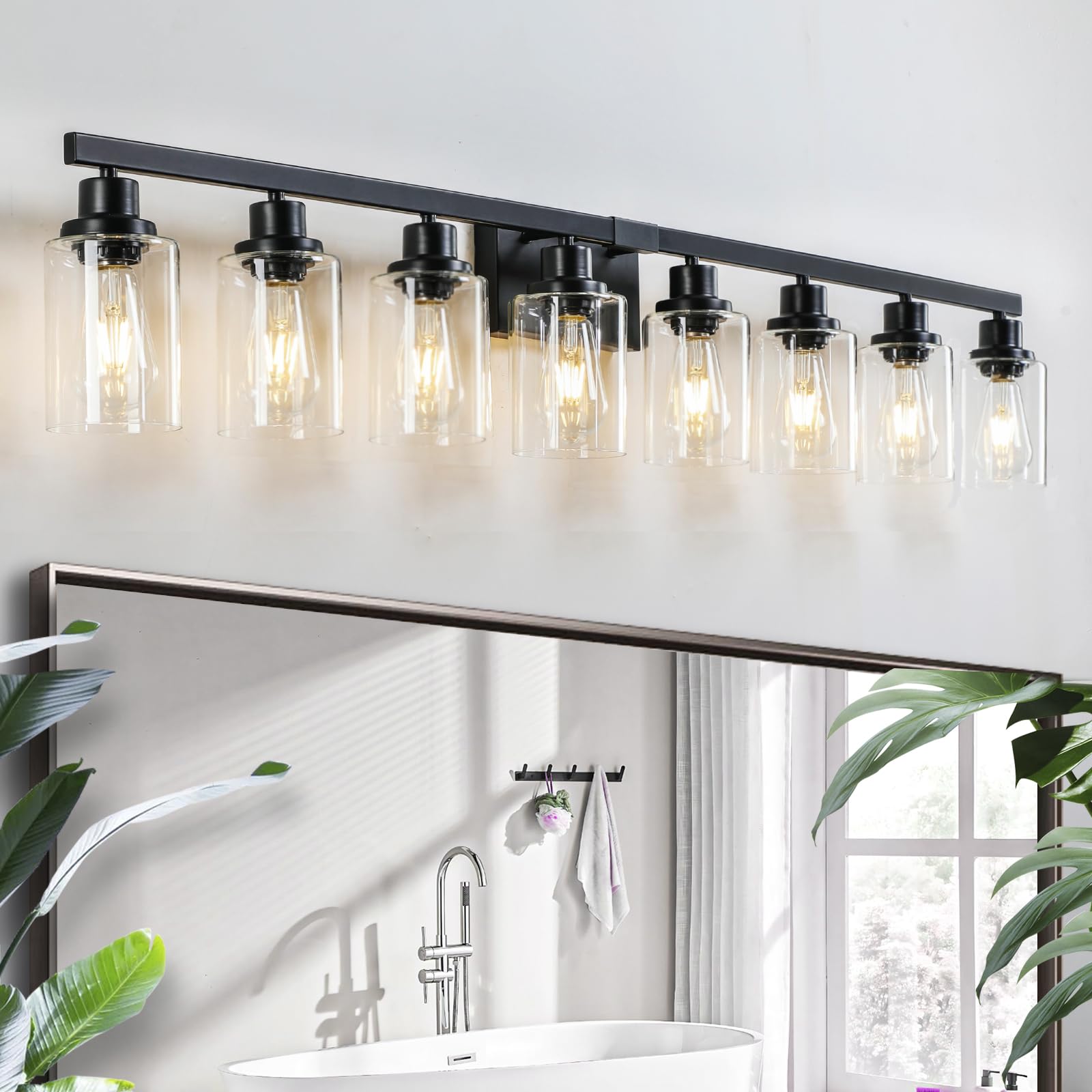 DIKAIDA 8 Light Bathroom Vanity Lights Over Mirror, 52inch Black Vanity Lights Fixtures Matte Black Modern Vanity Lights Black Bathroom Wall Lighting for Mirror Bedroom,Living Room Image