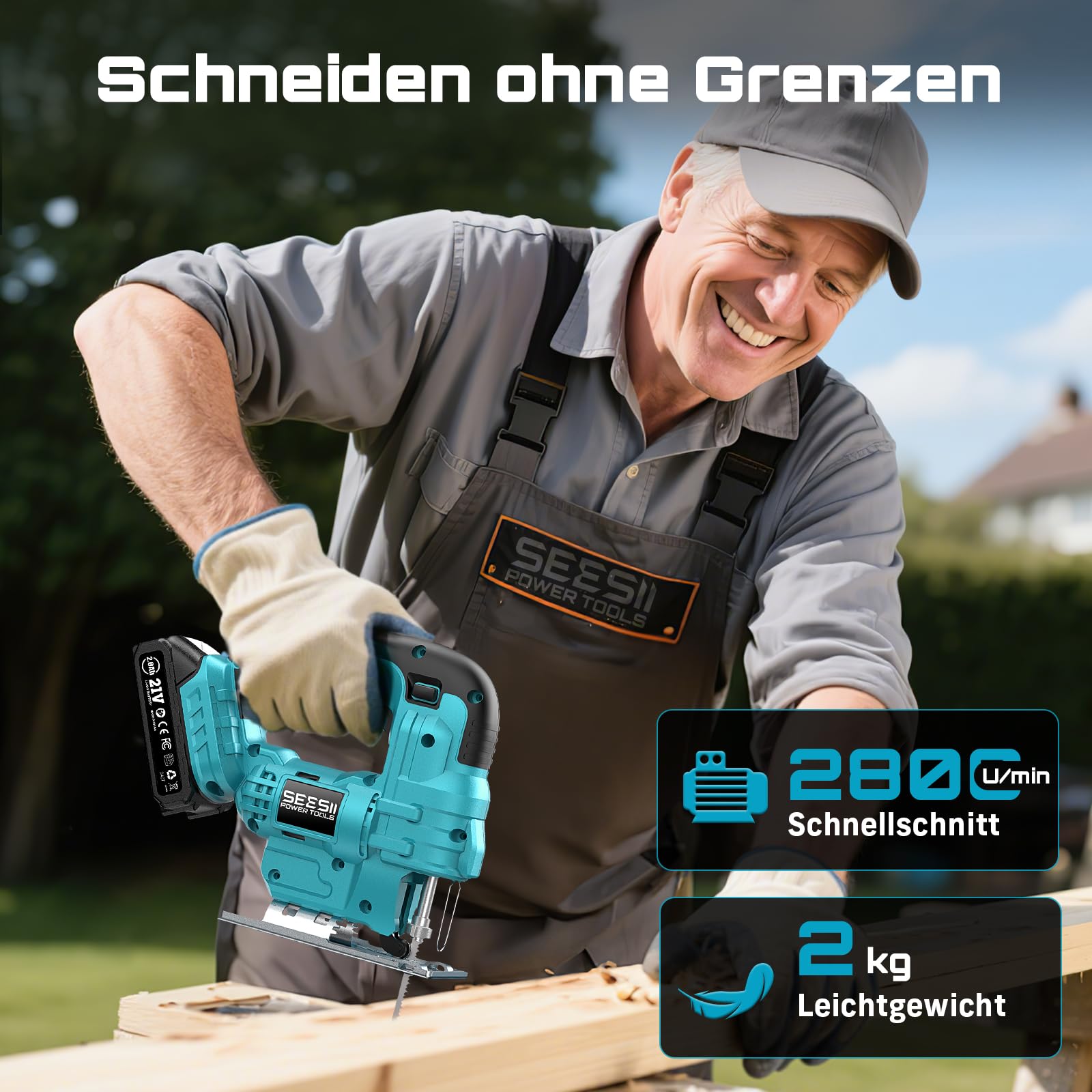 Seesii Stichsäge 21V, Akku Stichsäge mit Akkus und Ladegerät Set, 6-Stufen, Mit LED, 0°-45° Gehrung, 4 Pendelhub-Einstellungen, 20mm Hubhöhe, 2800 SPM, 9 Sägeblättern, mit Tragetasche 4