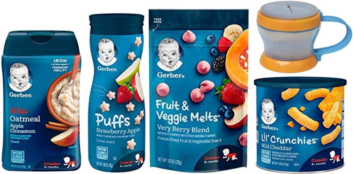 Gerber Baby Cereal & Snack Food Variety Pack of 5 - Puffs, Melts, Lil Bits Cereal, Lil Crunchies and Snack Catcher