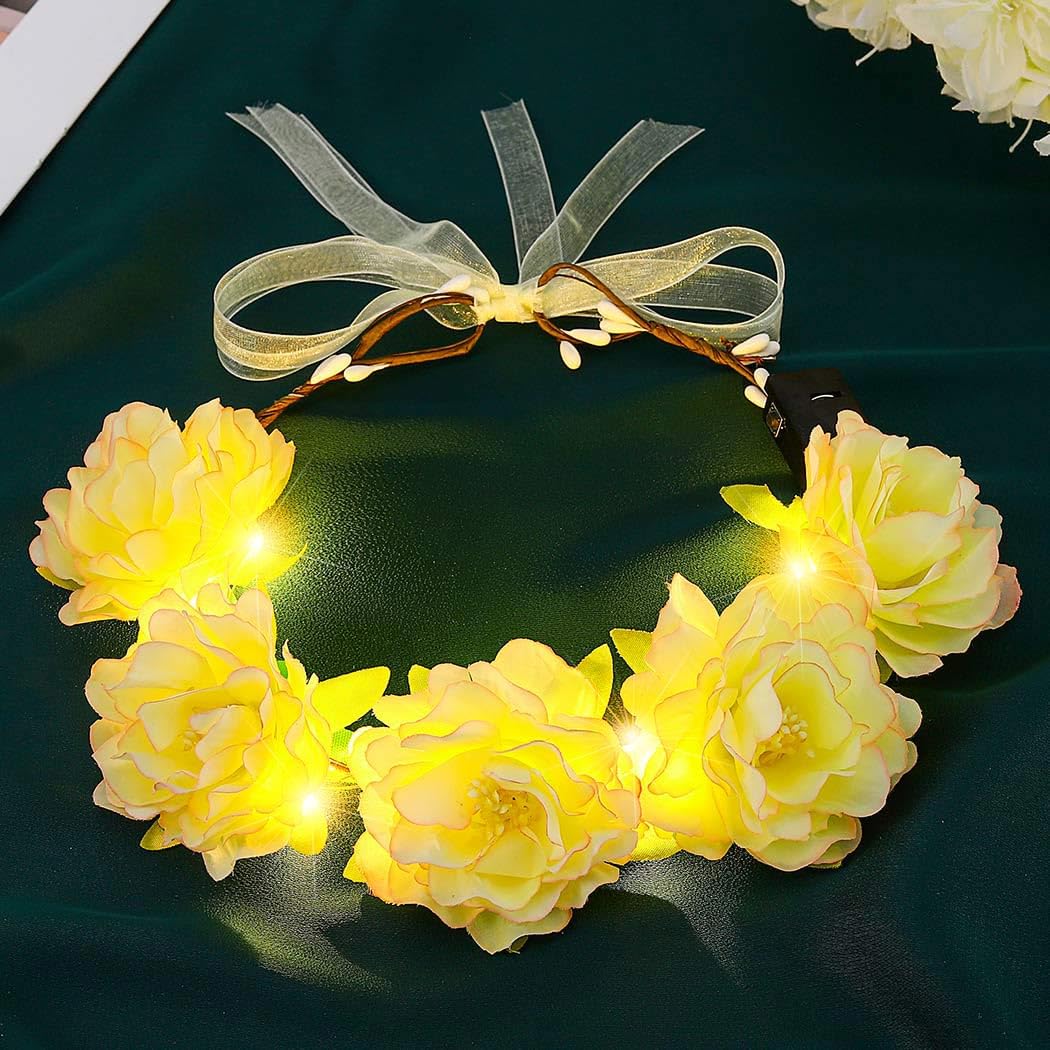 Zoestar Light Up Flower Crown Headband LED Hair Wreath Headbands Bridal Floral Headpiece Festival Garland Headdress for Women and Girls (Light Green, One Size)