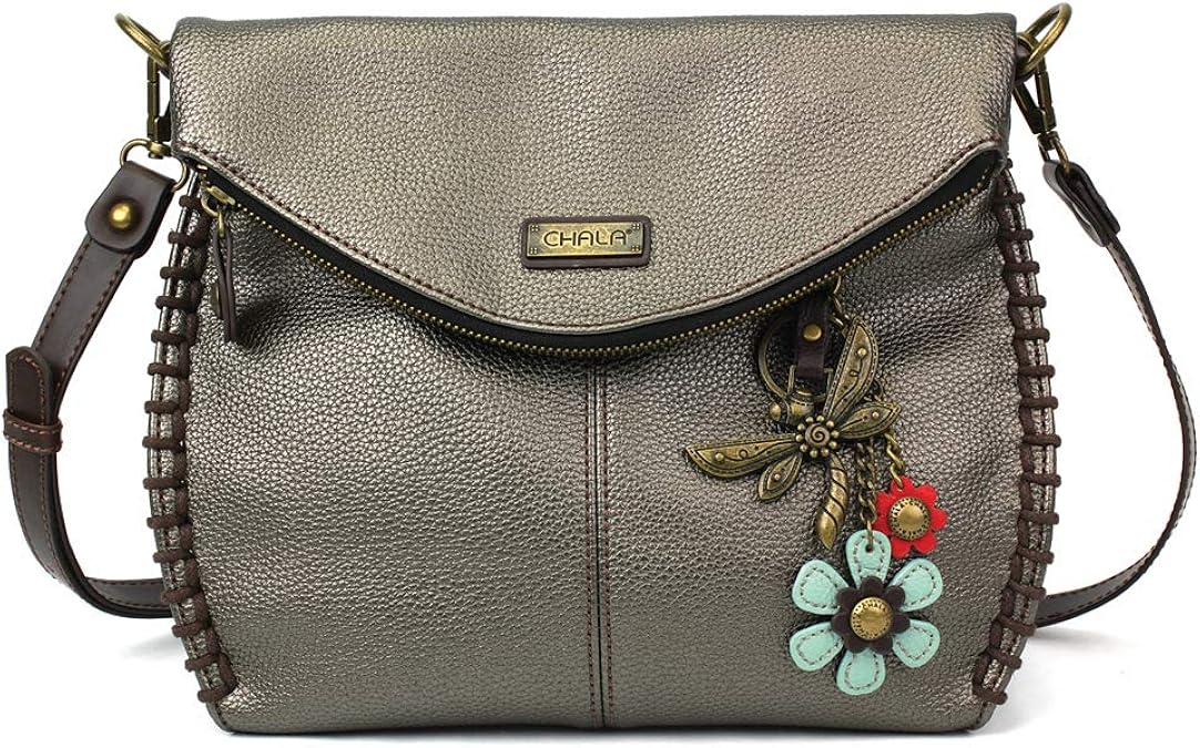 Chala Charming Crossbody Bag Shoulder Handbag With Flap Top and Zipper Pewter Grey Size One