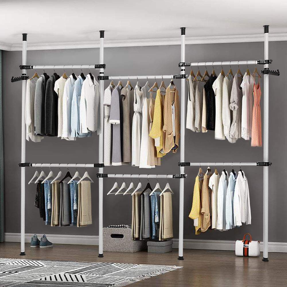 Greensen Heavy Duty Clothes Rack, 4 Poles 6 Bars Telescopic Coat Hanger Wardrobe Organiser, Hanging Rail, Garment Rack, Stainless Steel, 60kg Loading per Horizontal Bar, Height Adjustable