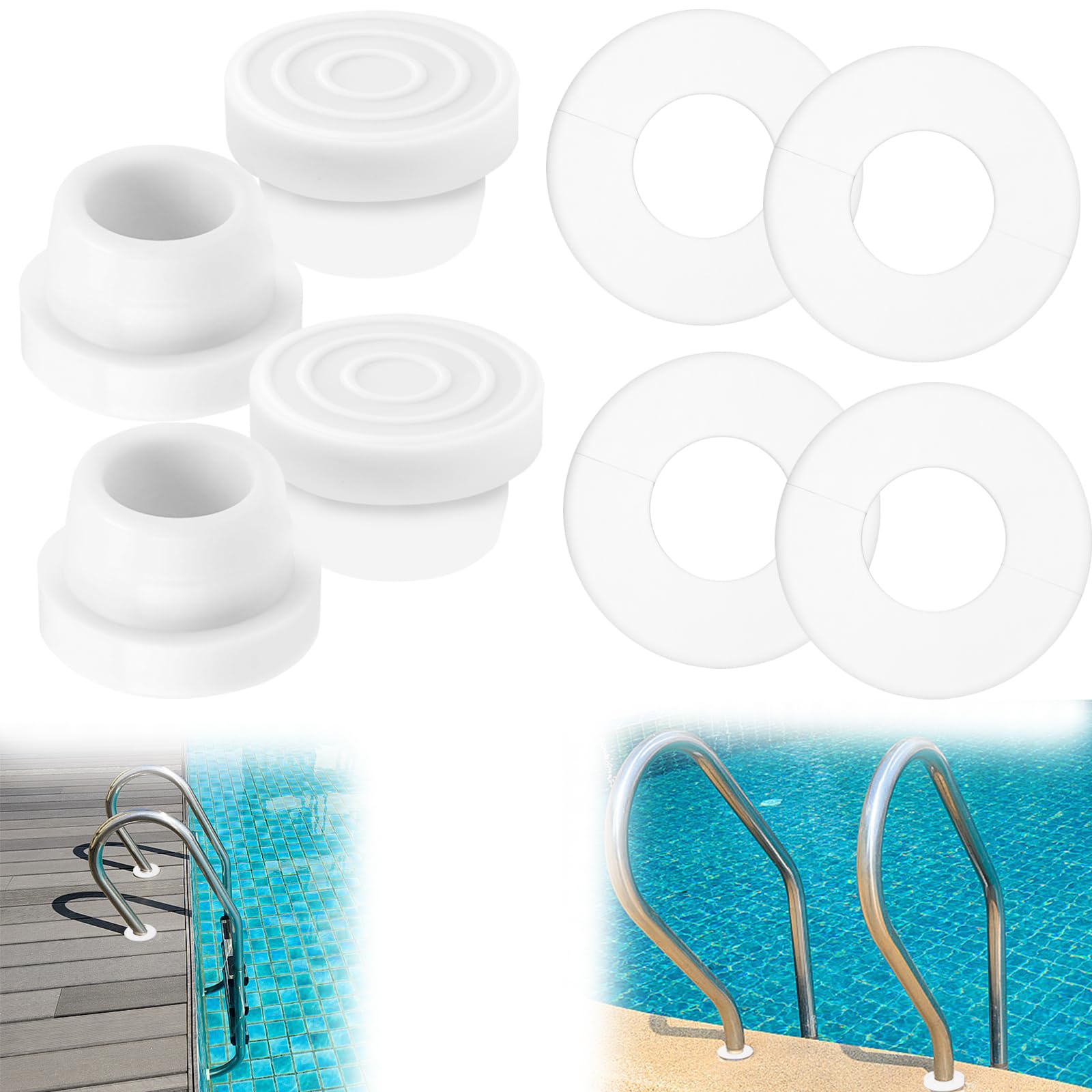 4Pcs Escutcheon Plate, 4Pcs Rubber Pool Ladder Inside Plug for Underground Swimming Pool Ladder Ring Spa Center Handrail Hole Escutcheon Swimming Pool Ladder Parts, Fits 1.9" ID Tubing(White)