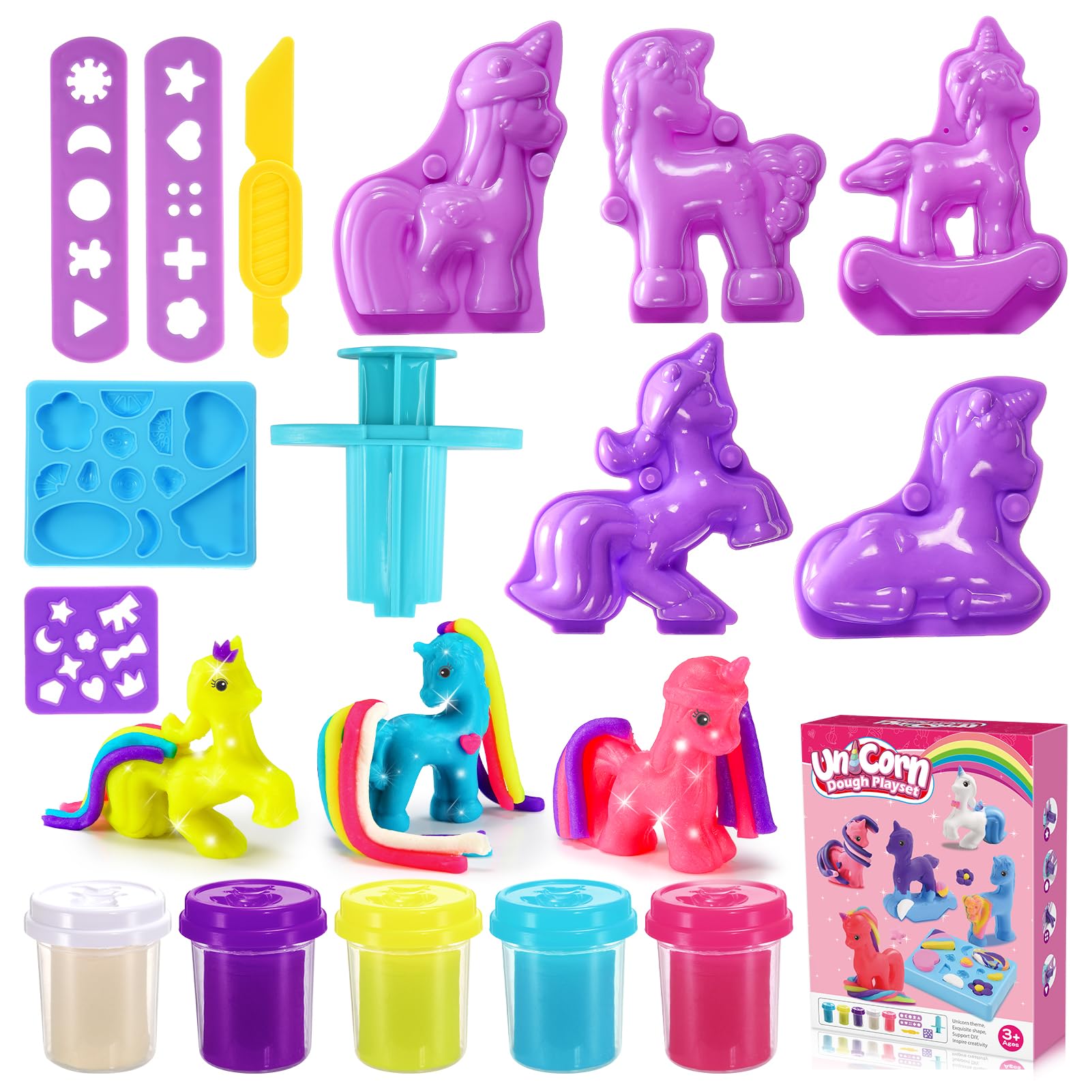 Photo 1 of 16Pcs Dough Playsets for Kids Toddlers,Unicorn Playdough Accessories with Molds, Extruder & 5 Colored Dough,Educational Toys for 3 4 5 6 7 8 Year Old Girls Birthday Gifts Christmas Stocking Stuffer