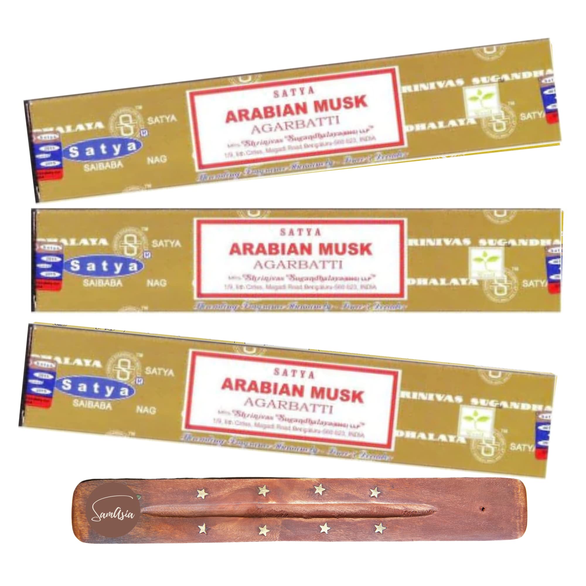 Satya Nag Champa Arabian Musk Incense Sticks | x3 pack | with SAMASIA incense sticks holder | Used for Aromatherapy, Spa, Yoga, Weddings, Meditation, Healing, Positivity and Relaxation