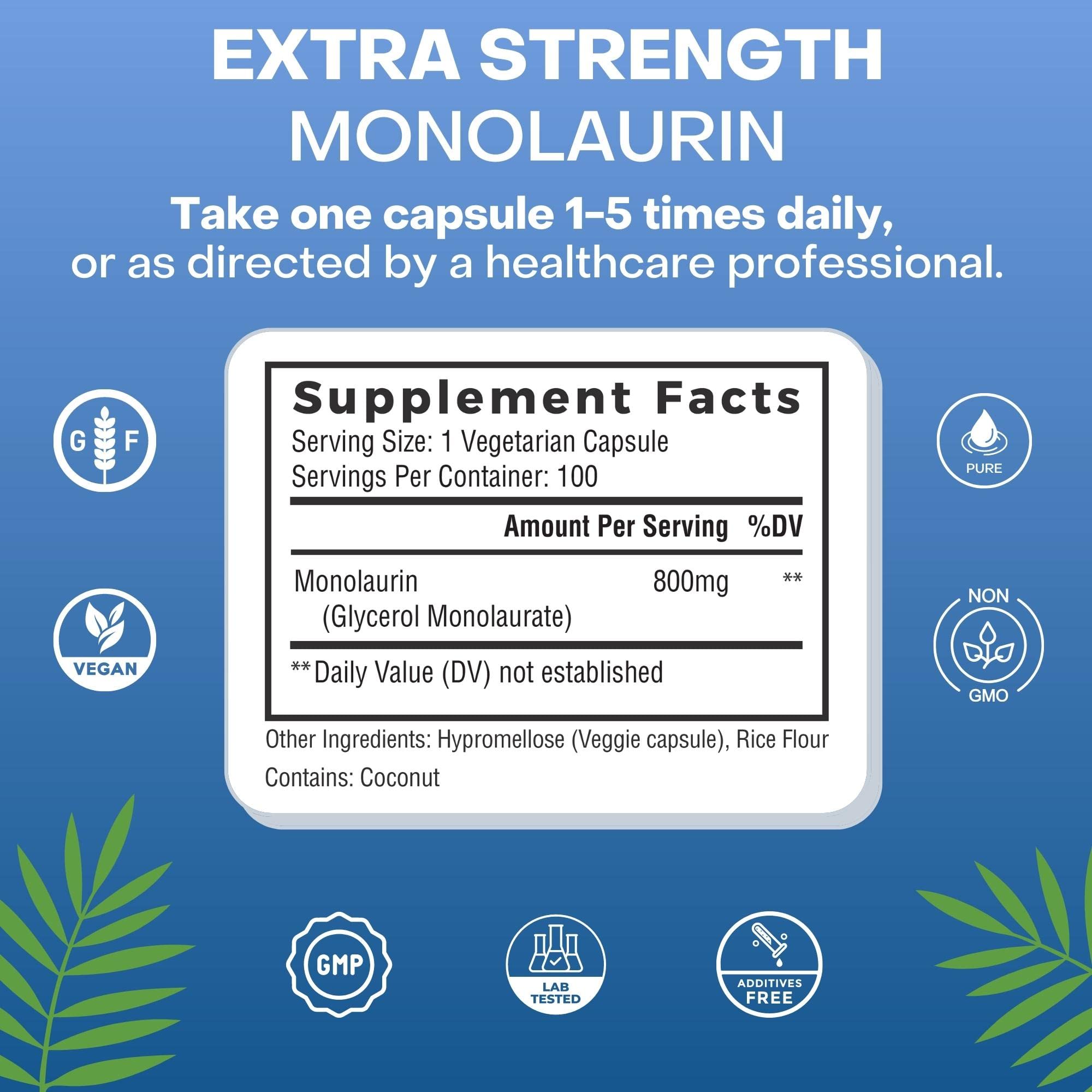 Natural Cure Labs Extra Strength Monolaurin 800mg, 100 Capsules, 33% More