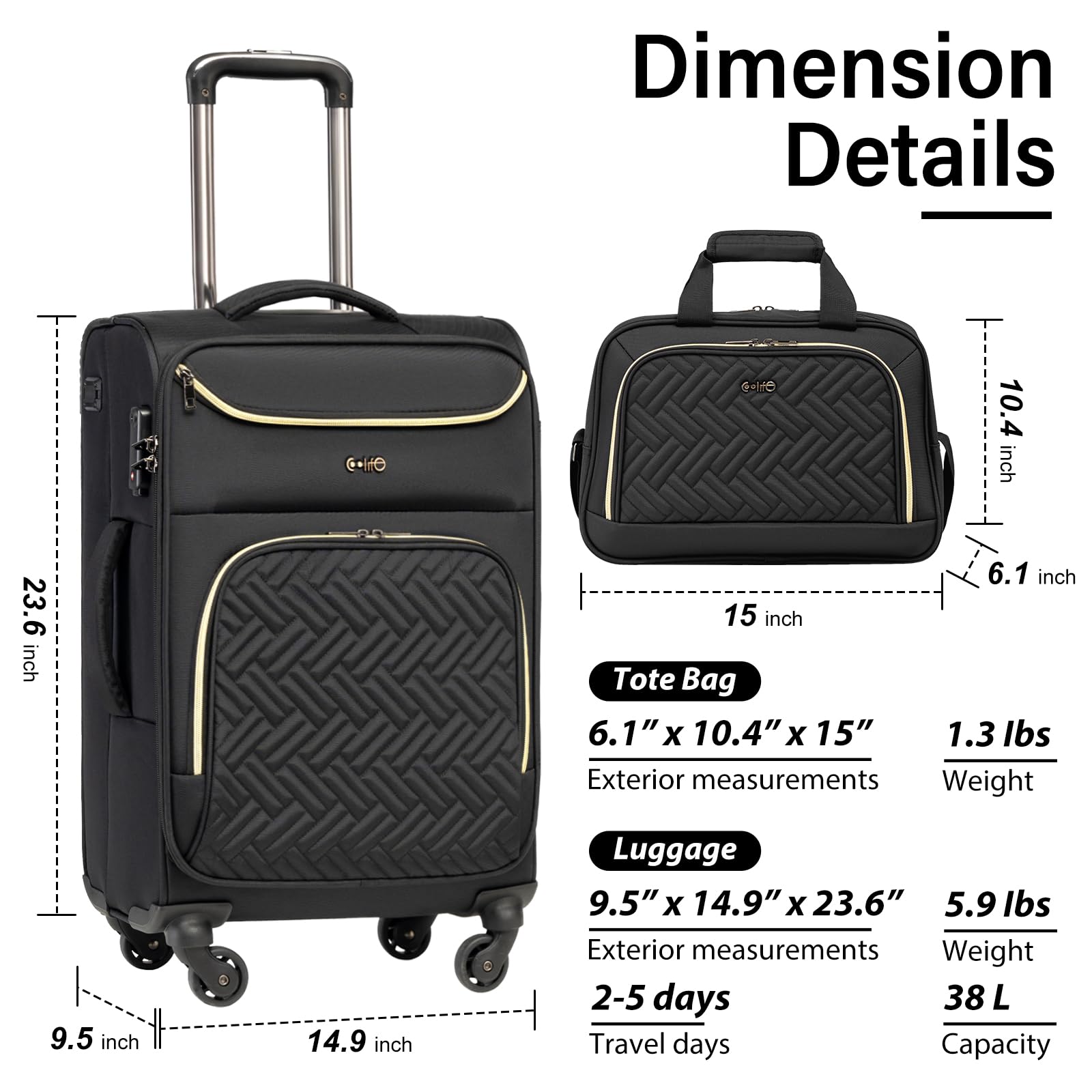Coolife Luggage Carry On Luggage Suitcase Softside Wheeled Luggage Lightweight Rolling Travel Bag (Black, Carry-On 20-Inch)