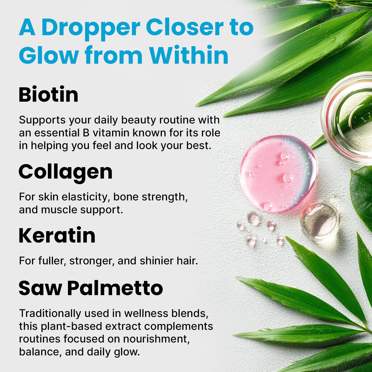 Liquid Collagen Peptides for Women - Serum Complex with Biotin Vitamin, Hydrolyzed Keratin Protein and Saw Palmetto - Comprehensive Formula for Hair, Skin, and Nails Wellness - 2fl oz (Pack of 2)