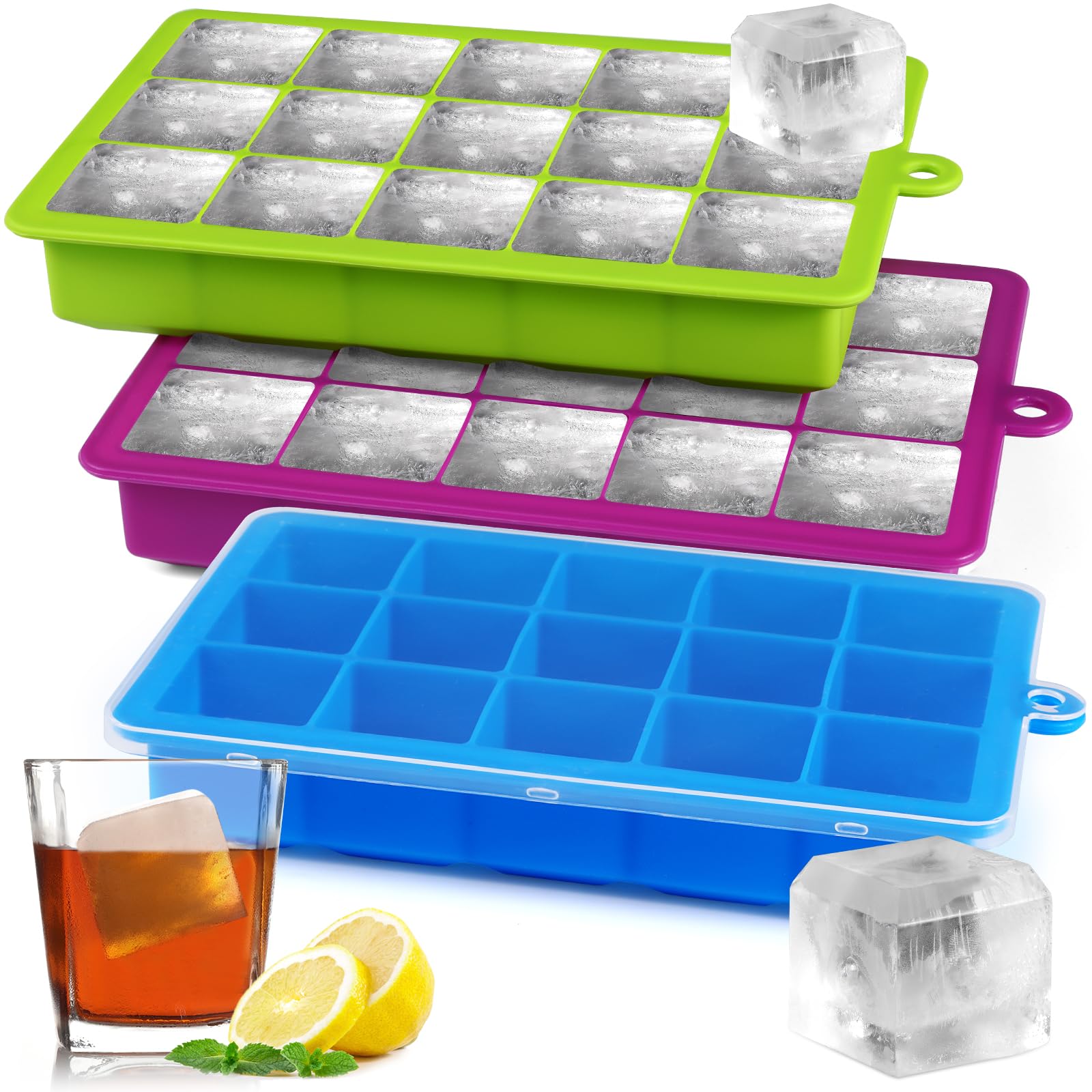 Sinnsally Silicone Ice Cube Trays with Lid,3 Pack Square Ice Cube Moulds Maker Set,Large Ice Molds Silicone for Cocktail Whiskey Freezer Containers,Easy Release & BPA Free (Blue/Green/Purple)