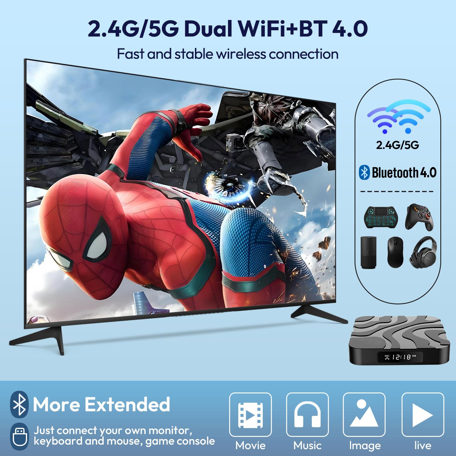 2025 Android TV Box 12.0, Android Box 4GB RAM 32GB ROM H618 Quad-Core CPU 6K TV Box Support 2.4/5G Dual WiFi Ethernet Bluetooth 4.0 H.265 Smart Box