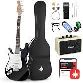 Donner 39 Inch Left-Handed Electric Guitar Kit Solid Body Black | Lefty Beginner Set Full-Size with Amplifier Online Lesson Bag Digital Tuner Capo Strap String Cable Picks DST-100BL