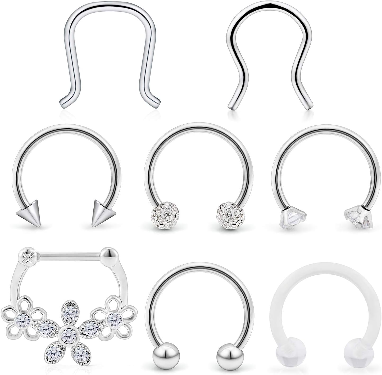 Hoeudjo Septum Clicker Rings 16G Surgical Steel Nose Hoop Rings Retainer Body Piercing Jewelry with Clear CZ Women Men U & D Shaped Daith Helix Tragus Lip Cartilage Earrings 8 Pieces