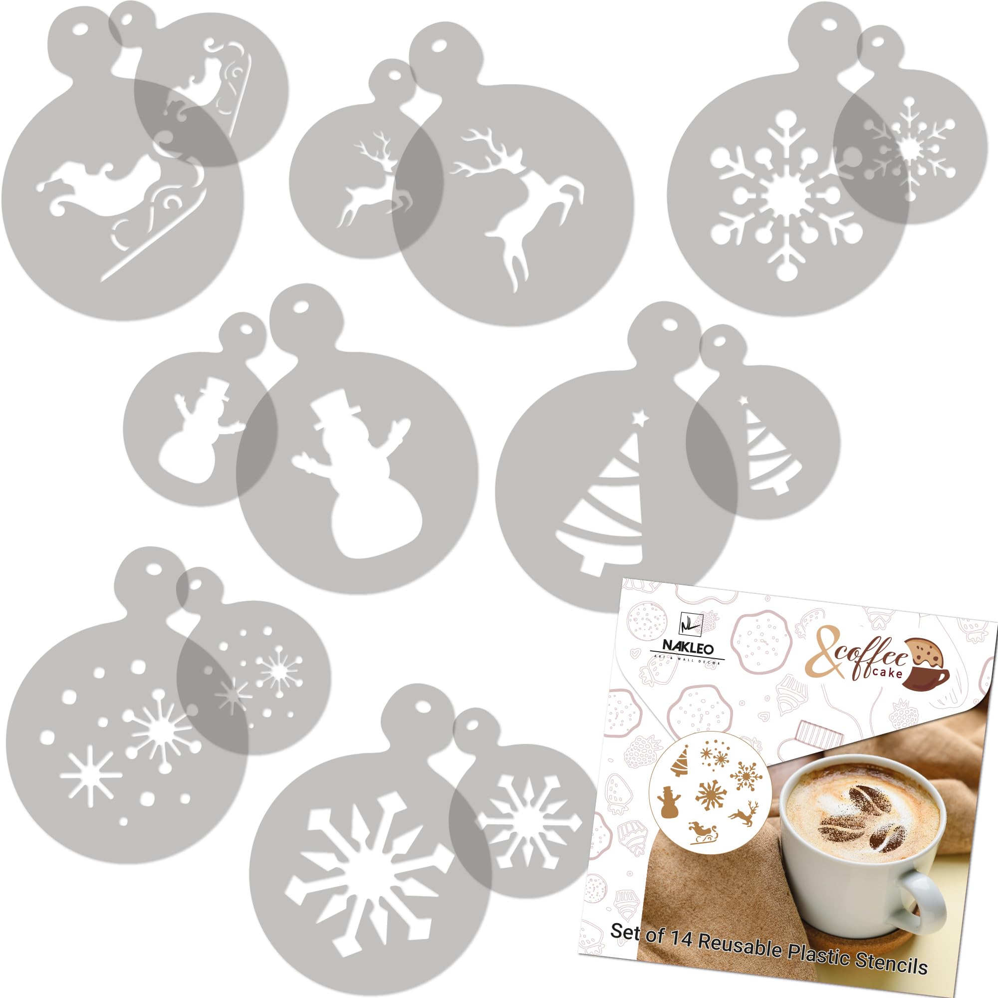 NAKLEO Coffee Stencils and Cookies Decoration 14Pcs 7x7 and 11x11cm, Reusable Plastic Baking Templates, Winter Snowflake Snow, Barista DIY Art Craft, Capuccino Latte Chocolate Cake Biscuit Kitchen