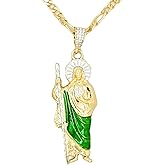 14K Gold Filled San Judas Necklace For Women And Men - Green Saint Jude Pendant Necklace, St Jude Tadeo Medalla Cadena Oro Laminado, Catholic Religious Christian Jewelry