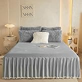 Pom Pom Velvet Bed Skirt, 22 Inch Drop Dust Ruffle Bed Skirt Soft Cozy Wrap Around Fitted Sheet, Fitted Bed Sheet with Skirt,