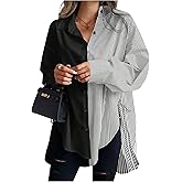 BEAUDRM Women's Plus Size Striped Leopard Blouse Cheetah Color Block Button Down Long Sleeve Asymmetrical Fall Work Shirt
