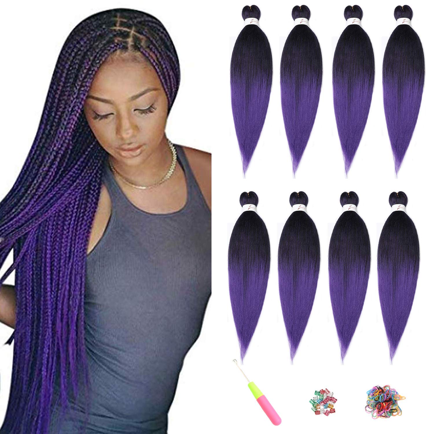 Pre-Stretched Braiding Hair ShowJarlly Free Synthetic Fiber Corchet Braids 8Packs/Lot Knotless Braiding Hair Extensions Hot Water Soft Setting Crochet Braids Braiding Hair (20inch,T1B#PURPLE) — image 1