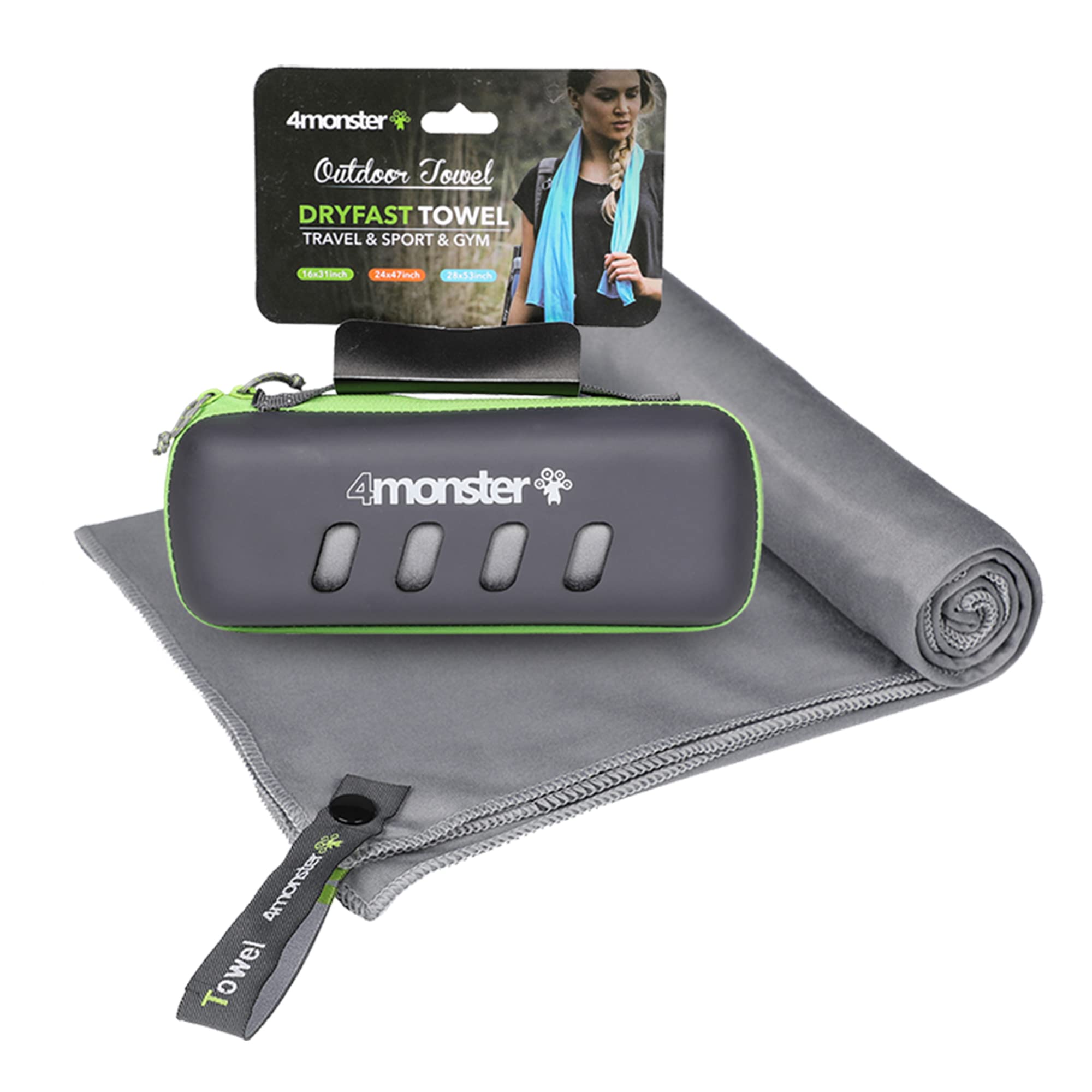 4Monster Microfiber Travel Towel with Carry Case, Super Absorbent, Quick Dry, Great for Gym, Beach, Swimming, Backpacking and More