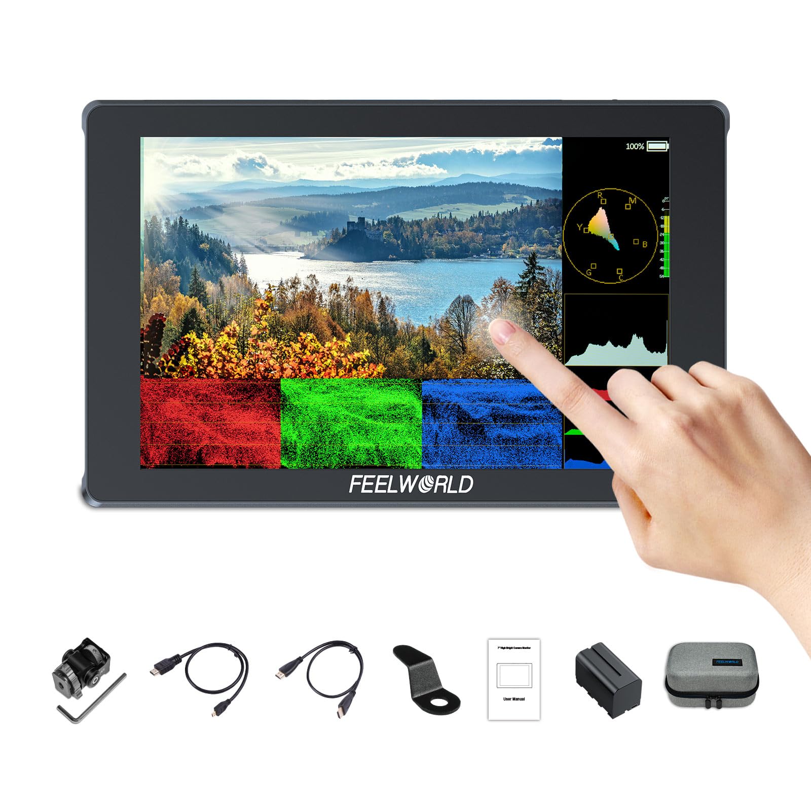FEELWORLD F7 PLUS Camera Field Monitor 7-inch 1200Nit Touch Screen DSLR Camera Monitor with 4K 60Hz HDMI2.0 3DLUT HDR Waveform NP-F970 External Install,Includes Battery and Bag