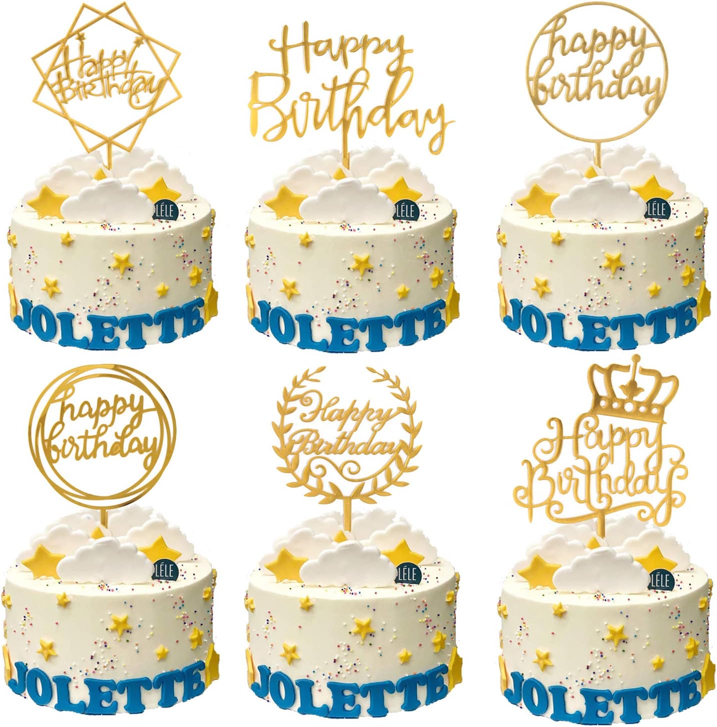 DERAYEE 6 Pack Happy Birthday Cake Topper Kit Acrylic Cake Toppers Gold