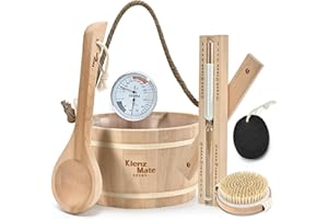 KLENZMATE 6 Pcs Sauna Accessories Kit, Bucket and Ladle Set, Thermo-Hygrometer, Sauna Hourglass, Brush, Exfoliating Volcanic Rocks, Sauna Set, Wooden Sauna Bucket, 1 Gallon (4 L) Water Capacity, Handmade