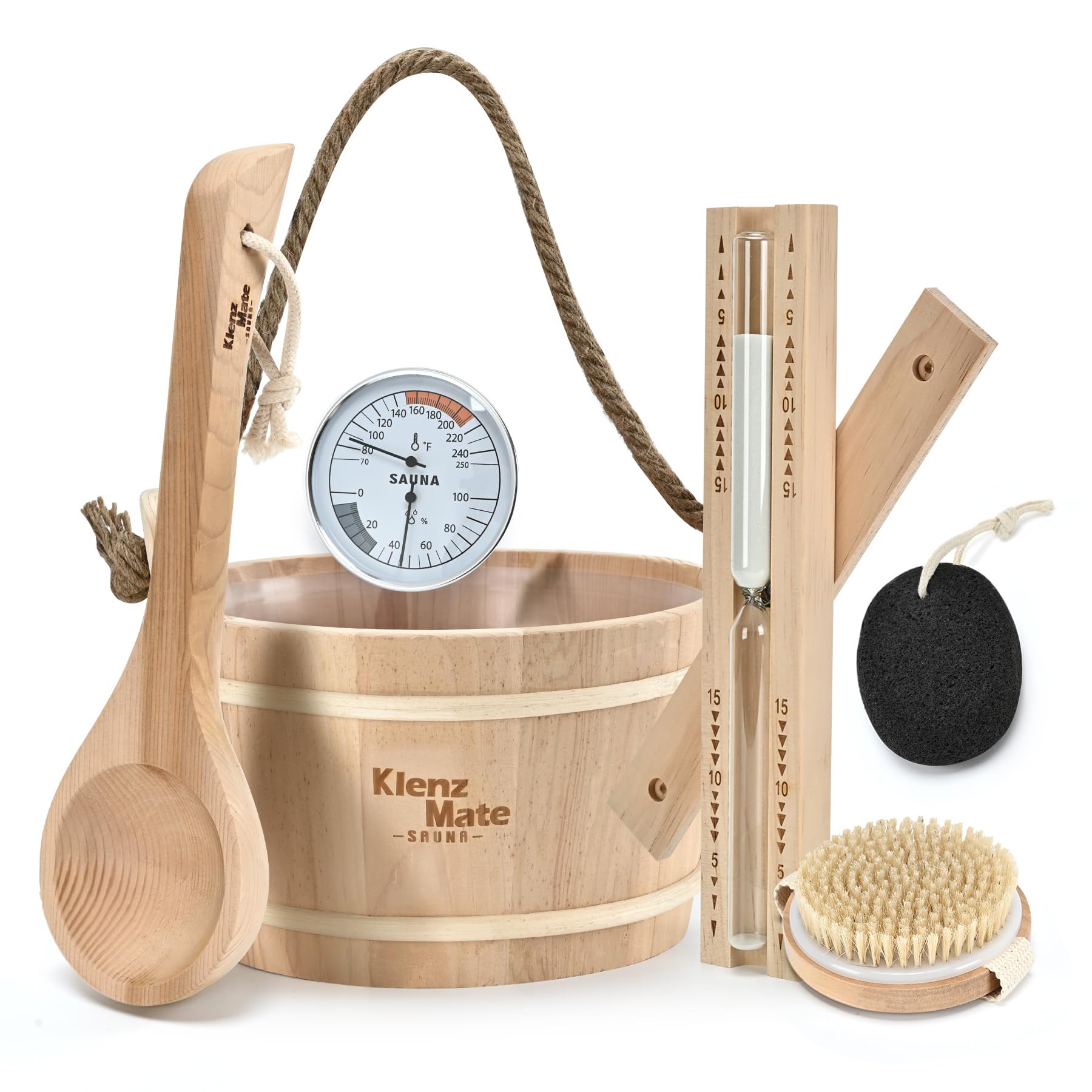 Photo 1 of 6 Pcs Sauna Accessories Bucket and Ladle Set, Thermo-Hygrometer, Sauna Hourglass, Brush, Exfoliating Volcanic Rocks, Sauna Set Combo, Wooden Sauna Bucket, 1 Gallon (4 L) Water Capacity, Handmade