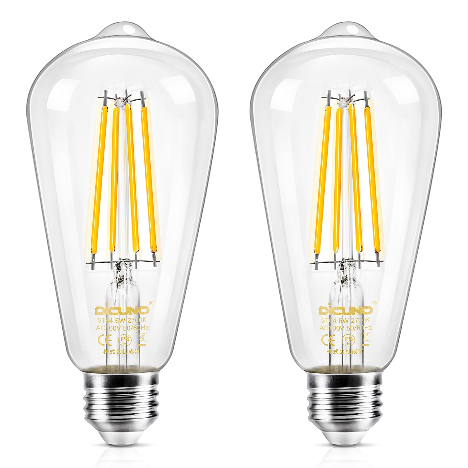 DiCUNO LED電球 E26口金 60W形相当 6W 電球色 エジソン電球 700lm 2700K フィラメント電球 クリアタイプ 全方向 レトロ ST64 調光器非対応 2個入 の商品画像