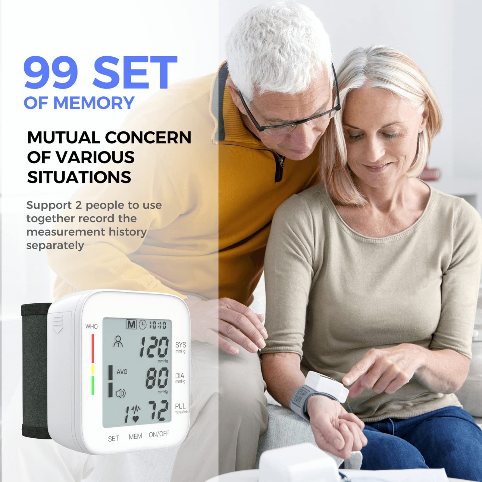 MMIZOO Wrist Blood Pressure Monitor Large LCD Display BP Machine Adjustable Cuff 5.31-7.68 inch Automatic 99x2 Sets Memory with Carrying Case for Home Use (W1681)