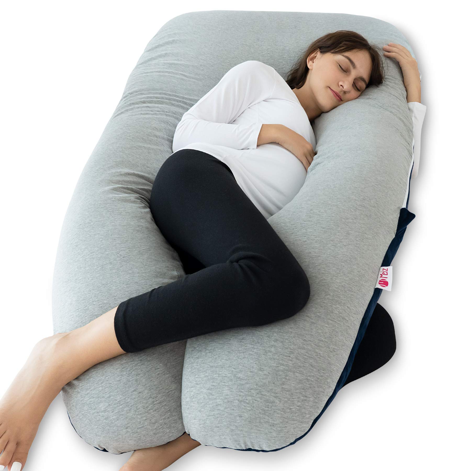 Meiz Pregnancy Pillow with cooling Jersey Cover, Full Body Pregnancy Pillow with Velvet Cover, U Shaped Body Pillow for Pregnant Women, Maternity Pillow for Side Sleeping and Back Support, Blue & Grey