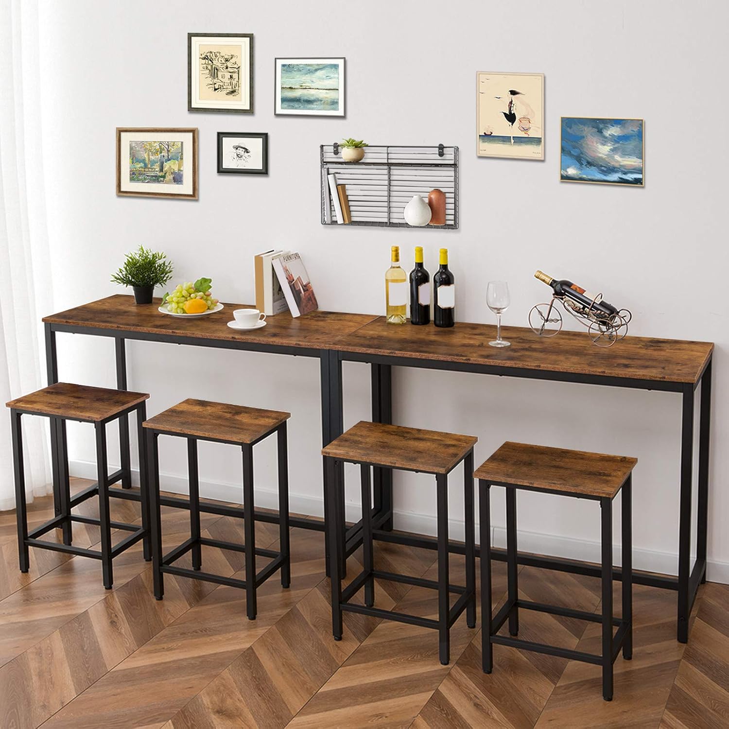 HOOBRO Bar Table, 47.2” Rectangular Pub Table, Dining Table for Living Room, Dining Room, Kitchen, Adjustable Feet, Sturdy Metal Frame, Industrial Design, Easy Assembly, Rustic Brown BF50BT01: Home & Kitchen