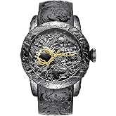 CARLIEN Men Black Dragon Watch Fashion 3D Engraved Dragon Watches | Waterproof,Big Dial,Black Rubber Strap,Sport Wrist Watch