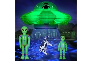 ANROOG Alien Party Decorations 4.2FT Hanging Alien UFO Cow Abduction Inflatable with Cow&2pcs Jumbo Alien Halloween Inflatable UFO Built-in Green LED Blue&White Flashing Light Blow Up Yard Home Garden Decor