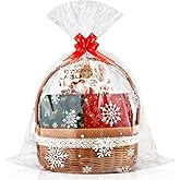 GOMANCHE Snowflake-Printed Christmas Cellophane Wrap Bags - 24x30 Inch Large Clear Plastic Gift Baskets Bags with 10 Pull Bows | Holiday Decorative Packaging for Flower Baskets, Gifts & Party Favors