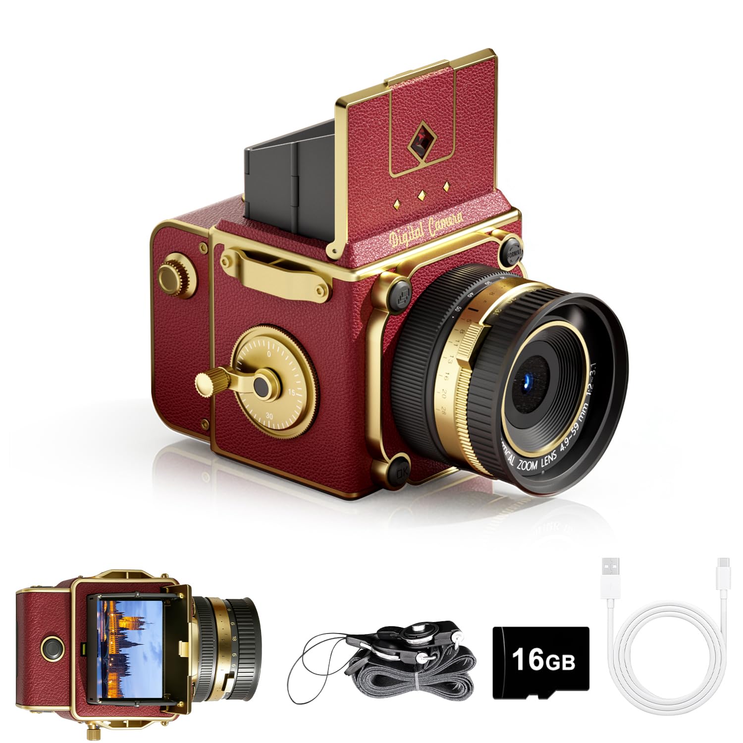 Photo 1 of **NON FUNCTIONAL** Vintage Digital Camera, 64MP 2.7K Retro Point and Shoot Camera with Autofocus, 2" IPS Waist-Level Screen & 16GB TF Card, 16X Zoom Compact Photography Camera for Beginners Kids Teens, Butterfly Door