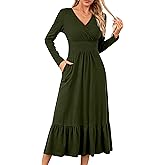 LUOFEN Womens Long Sleeve Cocktail Dresses Empire Waist A Line V Neck Formal Elegant Maxi Wrap Dress with Pockets