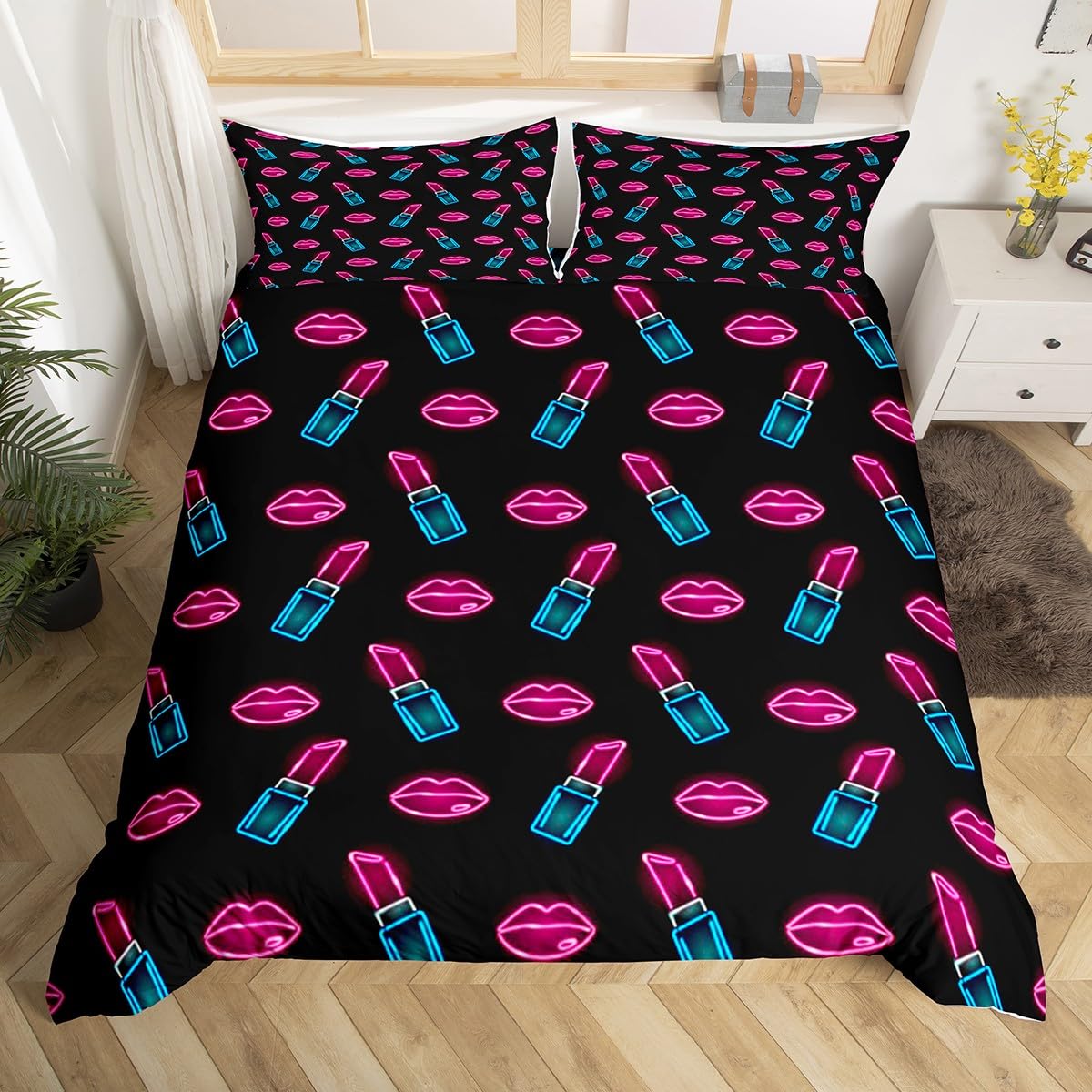 Homemissing Red Lips Duvet Cover Set Lipstick Bedding Set for Kids Boys Girls Decor Fashion Comforter Cover Set Microfiber Lipstick Kiss Print Bedspread Cover Modern Bedclothes Single — image 1