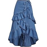 SOLY HUX Women's Plus Size Ruffle Jean Skirt Y2k Bow Layered Asymmetrical Midi Denim Skirts